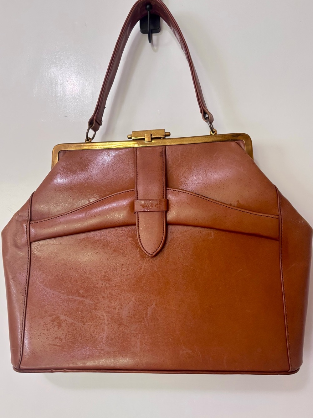 Letisse| Vintage Cognac Genuine Leather Frame Top Handle Handbag Satchel 60s 70s - Picture 2 of 8